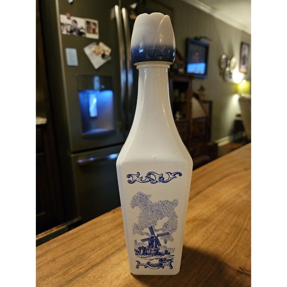 1960s Holland Delfts Decanter Milk Glass W Dutch Blue Windmill Design. Decor